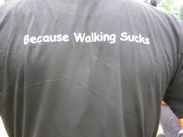 In the picture we can see a person wearing a T-shirt on it, it is written as because walking sucks.