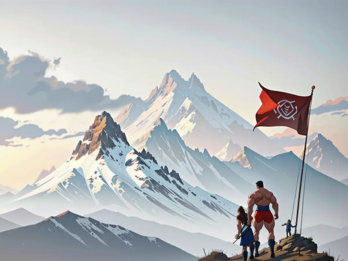 Ascend the lofty mountain peak, guided by a vibrant, waving red flag. This beacon of ambition signposts the path towards achieving your objectives. Climbing to the summit of your aspirations, you'll find your guiding beacon: a vibrant red flag. This emblem of determination and perseverance signposts the path toward attaining your objectives.